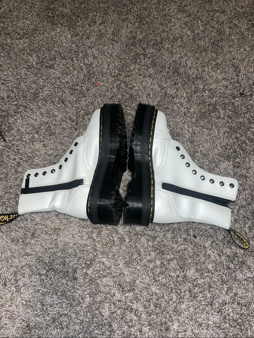 Dr. Martens White 8-Eye Lace-Up Combat Boots with Yellow Stitching